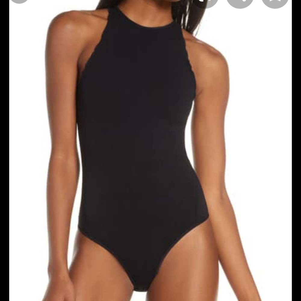 New Free People Black Bodysuit High Neck Scallop